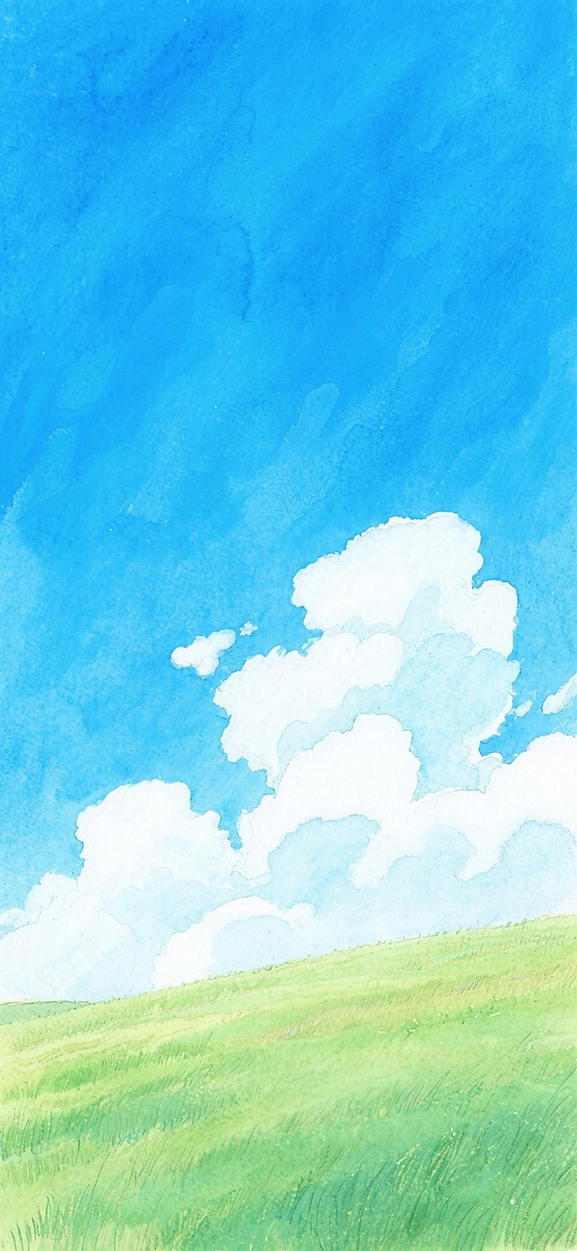 广阔的蓝天占据画面大部分区域，下方是连绵的青草地，几朵白云点缀在蓝天上，整体画面简洁清爽，水彩画风格，色彩明快柔和，可作为背景使用。