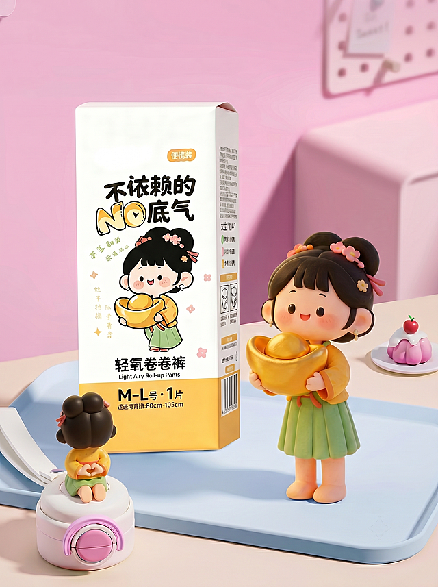 保留第一张图的整体场景、粉色背景、浅蓝色托盘、产品包装盒、右侧盲盒人物和小甜点都不变，去掉盖子上的粉色小猫，将第二张图的比心3D卡通人物旋转180度后放到杯盖上，调整人物尺寸适配盖子大小，保持整体光影和风格和原图统一。