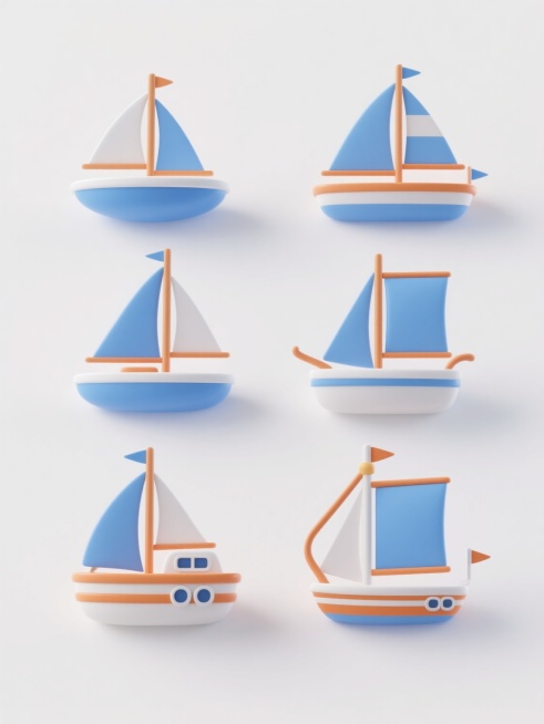 纯白纯色背景，六个保持3D立体风格的帆船元素系列素材集合规整排布，每个帆船造型完全不同但均保持蓝白橙主色调、光滑圆润的材质感、简洁的几何形态以及轻微高光和柔和阴影的光影效果，帆船设计包含不同的船身形状（如流线型、圆润型、扁平型）、帆的数量与样式（单帆、双帆、三角帆、方形帆）、桅杆设计（直杆、弯曲杆、加粗杆）以及细节装饰（不同形状的小旗子、船舷条纹、船舱窗户样式），整体呈现出统一的卡通简约设计感……预览效果