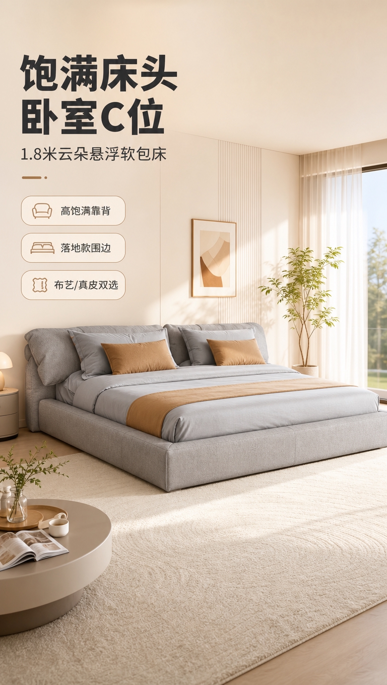 [商品] 使用【图1】灰色软包落地床；保留饱满大床头、落地围边… - 图片创意预览