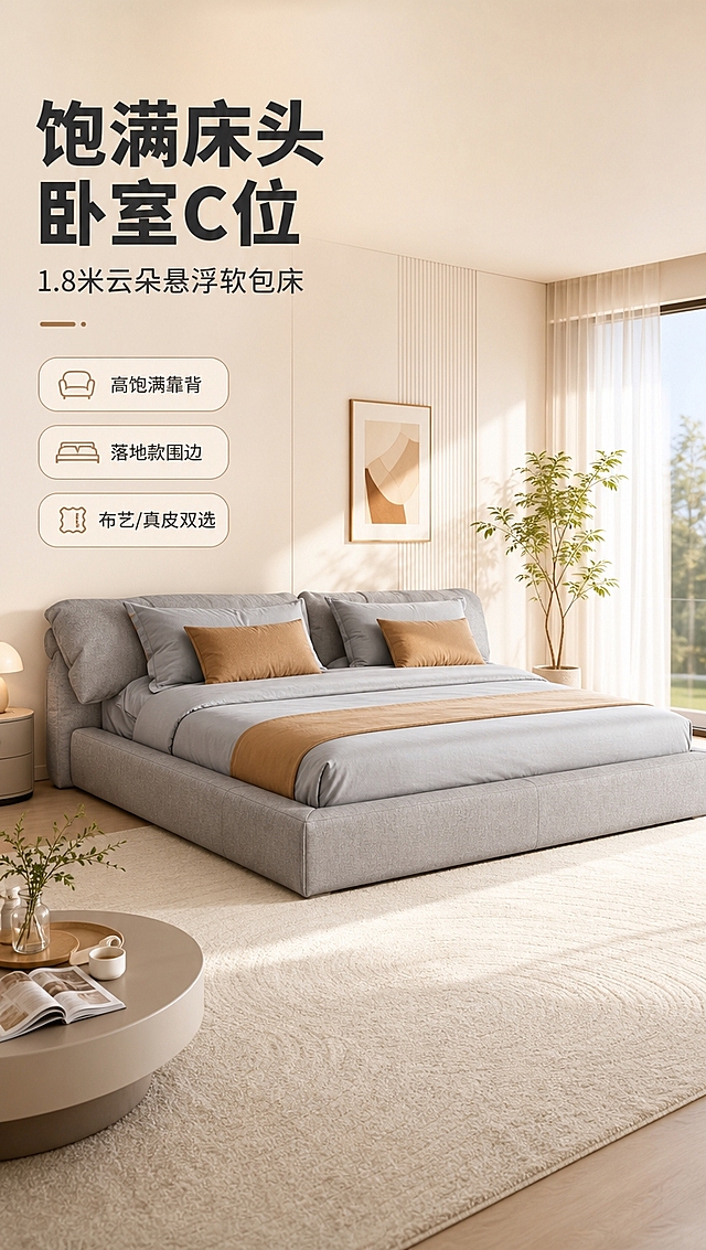 [商品] 使用【图1】灰色软包落地床；保留饱满大床头、落地围边、低重心床型、灰色布艺质感、整体比例与结构；修复床品褶皱，理顺床单与靠枕，增强面料纹理与缝线质感，不改变床型轮廓与颜色。
[画面] 页面目标：头图海报，打造卧室C位亮色调氛围感。左文右景构图，左侧约1/3竖列文案区，右侧整屋卧室大场景，床居中偏右为绝对主体，占画面65%。前景浅米色地毯+圆形边几，中景床+同色系床品，后景落地窗+白纱窗帘+绿植，三层景深。午后暖自然光从右侧窗户洒入，明亮通透。阅读动线从左上主标题→亮点条→右侧床主体。
[视觉] 套系策略：风格=现代轻奢温馨卧室商业摄影；标题字=思源黑体粗体；正文字=思源黑体常规；主色=暖米白；背景延展=基于暖米白做深浅层级、同色渐变与细腻织物/乳胶漆墙面质感；强调色=奶茶棕，仅用于小面积图标、引线和标签；标题色=深炭灰；正文色=中暖灰；组件=圆角浅底信息卡、细线引线、胶囊形卖点框；光影=右前侧暖柔光，明亮通透无暗角。
[文字] 左上竖列：主标题「饱满床头 卧室C位」，副标题「1.8米云朵悬浮软包床」，下方3条胶囊亮点「高饱满靠背」「落地款围边」「布艺/真皮双选」。文字不遮挡床头与床主体。
[规格] 图片比例9:16竖版，4K分辨率，避免变形、错字、文字过小、冷蓝/冷灰背景、床型结构失真、颜色改变。
