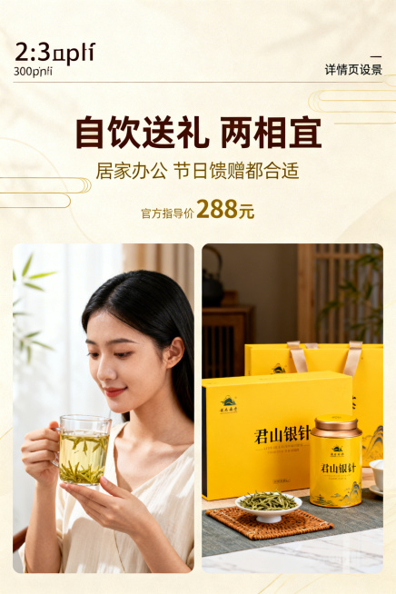 君山银针茶叶日常饮用送礼双场景详情页，精准还原上传参考图中产品包装设计、产品配色、LOGO位置及比例、文字内容及字体、图案元素及细节，色彩无失真，比例1:1还原。主标题在上1/5居中："自饮送礼 两相预览效果