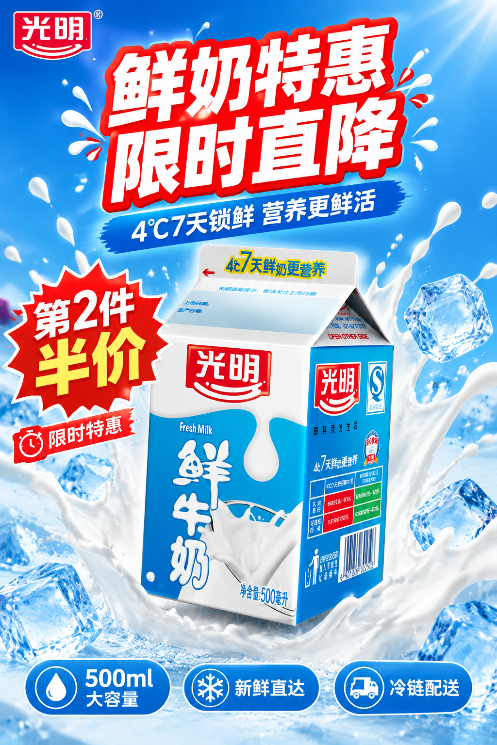 促销牛奶海报，写实商业摄影风格，精细高品质，清爽水花冰感型，超… - 图片创意预览