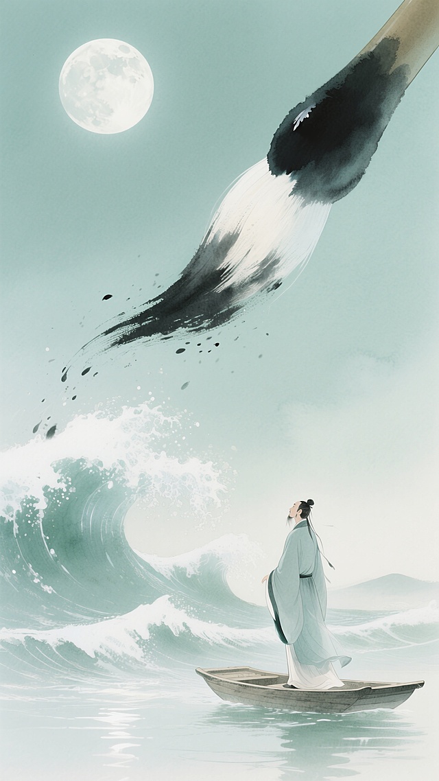 有巨型毛笔挥毫泼墨，一轮明月悬于天际，一位身着传统长袍的文人立于小舟上，翻涌的巨大浪花，浅绿色和白色调为主