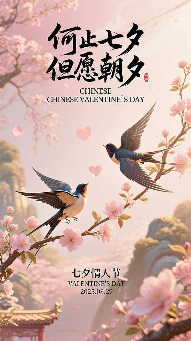 以七夕为引，借粉樱、双燕、古建营造浪漫， 传递长情陪伴的美好期许 。