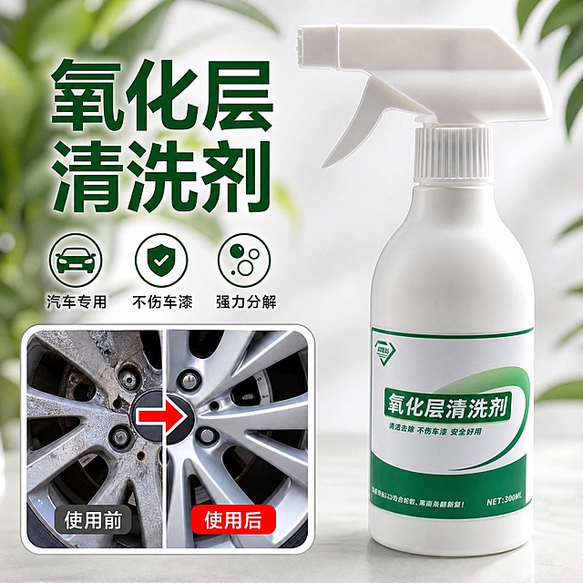 电商产品实拍图，1:1方形，氧化层清洗剂喷雾瓶，白瓶绿标，产品外观与参考图一致。放置画面右侧，产品占画面约55%，背景虚化绿色植物叶子，浅灰白色简约背景，清新绿植氛围感。画面左下角嵌入轮毂使用前、使用后清洁程度对比小图，红色箭头标记对比效果，画中画带边框。左侧大字标题“氧化层清洗剂”，粗体深绿色，下方三个图标卖点：汽车专用、不伤车漆、强力分解，图标配短文字。商业打光，画面干净清爽，高清写实，抖音带货主图，色彩明快，产品清晰锐利，瓶身标签文字完整可读。画面比例1:1。负面提示词：模糊，水印，文字错乱，畸形，多余物体，脏污，昏暗，卡通，手绘，变形，噪点，人物，多余文字