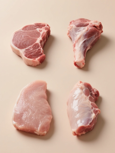 系列生鲜肉类素材集合，4个完全不同的肉类元素规整排布在纯色背景上，保持高清晰摄影风格，光线明亮柔和，物体表面光滑有自然反光，肉质纹理细腻可见，每个肉类元素独立完整，色彩根据不同肉类特性呈现自然真实的颜色，整体构图对称平衡，无文字和二维码等干扰元素。预览效果