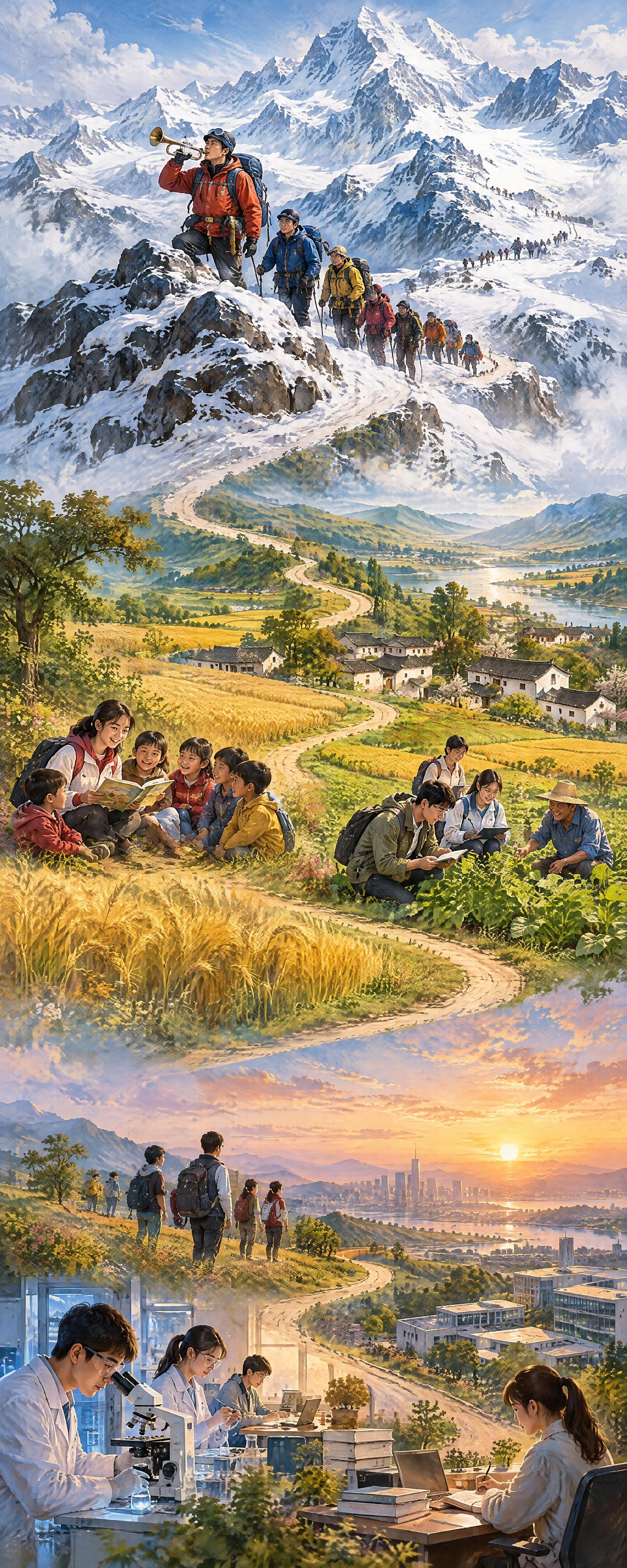 竖幅长卷油画，一条蜿蜒长路自上而下贯穿整幅画面，串联起三段时空… - 图片创意预览