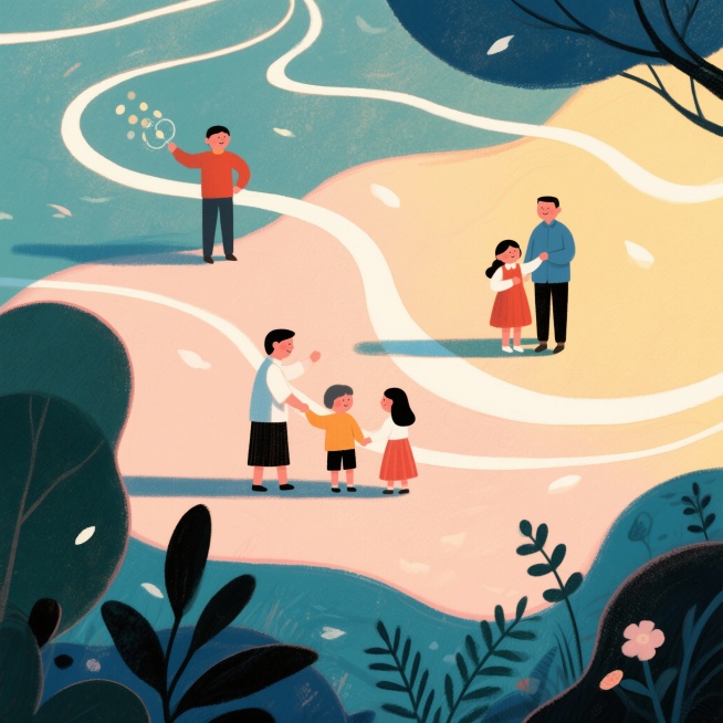 【心理调节】不与他人比子女，各家各有福与缘

避免陷入“别人家孩子”的比较。每个家庭都有自己的节奏和幸福，多看到自家儿女的好，多关注自己的生活，心境会更加开阔平和。
根据以上内容，出一个插画，图上不需预览效果