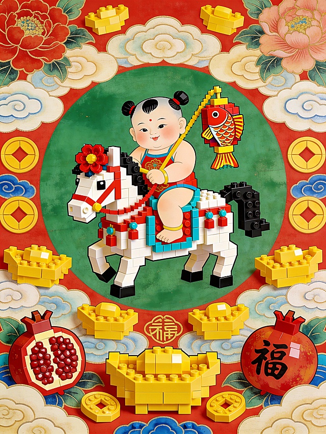 乐高风格。胖娃娃骑着戴红花的马，手持鲤鱼灯笼，周围布满元宝、石榴、福字，喜庆可爱，背景大红配大绿