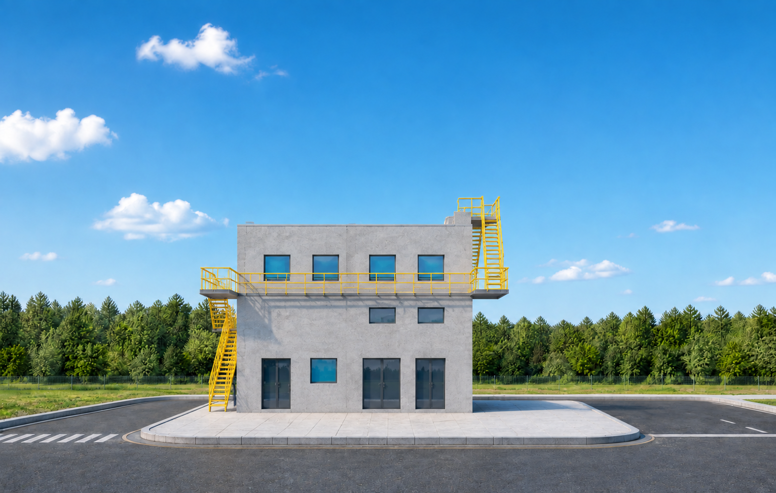 参考之前工业厂区的晴朗白天环境光线，重绘本图建筑：建筑模型结构… - 图片创意预览