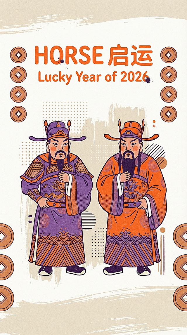 国潮风插画，卡通人物身着传统官服，融合中式纹样与印刷质感，喜庆橙紫配色，呼应2026马年主题。