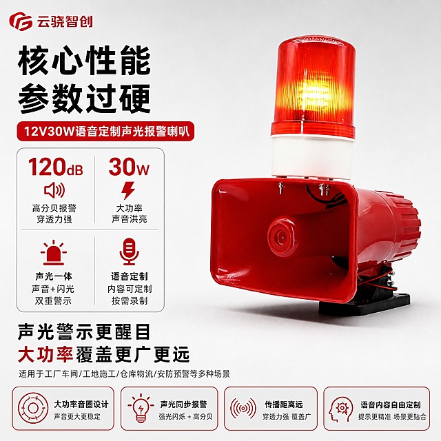 [主图-2] 核心性能参数图，主题为12V30W语音定制声光报警喇叭核心性能与参数展示，讲透声光一体+语音定制+大功率卖点。
[统一基调] 整体风格为报警行业专业克制高级感，背景为优化后的柔和浅灰渐变棚拍背景，主色调为红色主体+深灰文字+白色辅助色，标题字色为深黑色，辅助字色为中灰色，强调色为报警红。字体为无衬线粗体，字号层级分明，卡片样式为细线边框+浅灰底卡片，整体排版克制高级。左上角放置云骁智创红色LOGO。
[画面] 产品主体12V30W红色声光报警喇叭位于画面右侧，占画面约50%，喇叭正面略侧角度展示，产品外观严格保持原图不变。左侧为参数信息区，用参数块和图标展示核心性能参数。画面饱满，空白位置用产品优势文字填充。
[光影质感] 柔和棚拍光，主光柔和均匀，产品质感清晰，红色外壳干净细腻，警示灯发光效果自然，底座支架结构清晰，底部柔和接触阴影。
[配色] 背景浅灰渐变，标题深黑色，参数数字报警红色强调，报警行业专业配色，不使用深色单一颜色，不使用太彩色。
[文字版式] 左上角云骁智创红色LOGO。左侧顶部大标题"核心性能 参数过硬"。左侧中部大数字参数区：大号数字"120dB" 说明"高分贝报警 穿透力强"，大号数字"30W" 说明"大功率 声音洪亮"，大号图标"声光一体" 说明"声音+闪光 双重警示"，大号图标"语音定制" 说明"内容可定制 按需录制"。底部卖点条：大功率音圈设计 声光同步报警 传播距离远 语音内容自由定制。空白位置用产品优势文字填充，不留空白。
[输出要求] 比例1:1，2048px，文字清晰无错字，产品清晰不变形，无水印无平台LOGO，禁止深色单一纯色背景，禁止太彩色花哨。