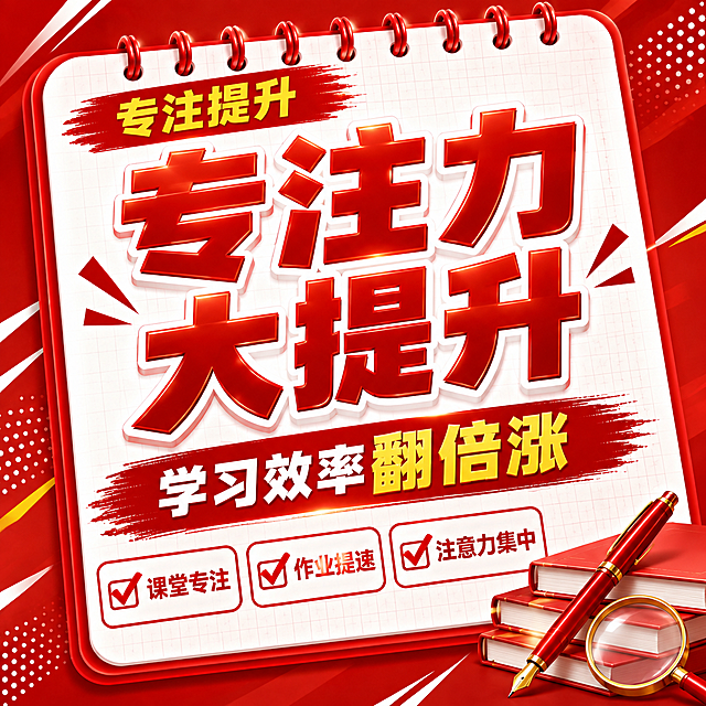 红色商务立体字风格开学季方版海报，融合两张参考图：颜色风格参考图1红色商务风，构图布局参考图2线圈笔记本结构。画面比例1:1方版。画面主体是白色线圈笔记本背景，带网格纹理，顶部红色线圈环。左上角红色笔刷标签写着"专注提升"，黄色文字。中央超大号红色立体字主标题分两行：第一行"专注力"，第二行"大提升"，带白色描边，视觉冲击力强。下方红色笔刷底纹配白色文字副标题"学习效率翻倍涨"，"翻倍涨"三个字用金黄色突出。底部三个白色圆角对勾框横向排列，红色对勾图标："课堂专注""作业提速""注意力集中"。右下角装饰：堆叠的红色书本、红色钢笔、放大镜。整体红色渐变背景带白色波点和速度线装饰，商务大气，文案醒目突出，适合手机端阅读。画面中所有信息区域必须填充完整合理的内容，不得出现空白框。