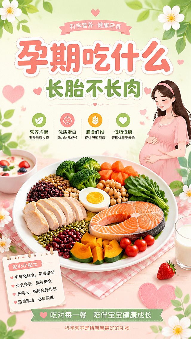 孕期饮食封面海报，竖版9:16，温馨清新风格。画面主标题为"孕期吃什么"，大号温暖字体，居中醒目。副标题为"长胎不长肉"，稍小一号字体，位于主标题下方。背景为柔和的粉绿色渐变，点缀白色小花朵、绿叶、爱心等温馨装饰元素。画面中央或下方可搭配一盘精美的健康孕期食物组合图，如蔬菜、鱼肉、杂粮等，色彩丰富营养均衡。整体风格温馨柔和，适合孕期主题，文字清晰可读，版式精美，氛围温暖治愈。画面中所有信息区域必须填充完整合理的内容，不得出现空白框或占位。