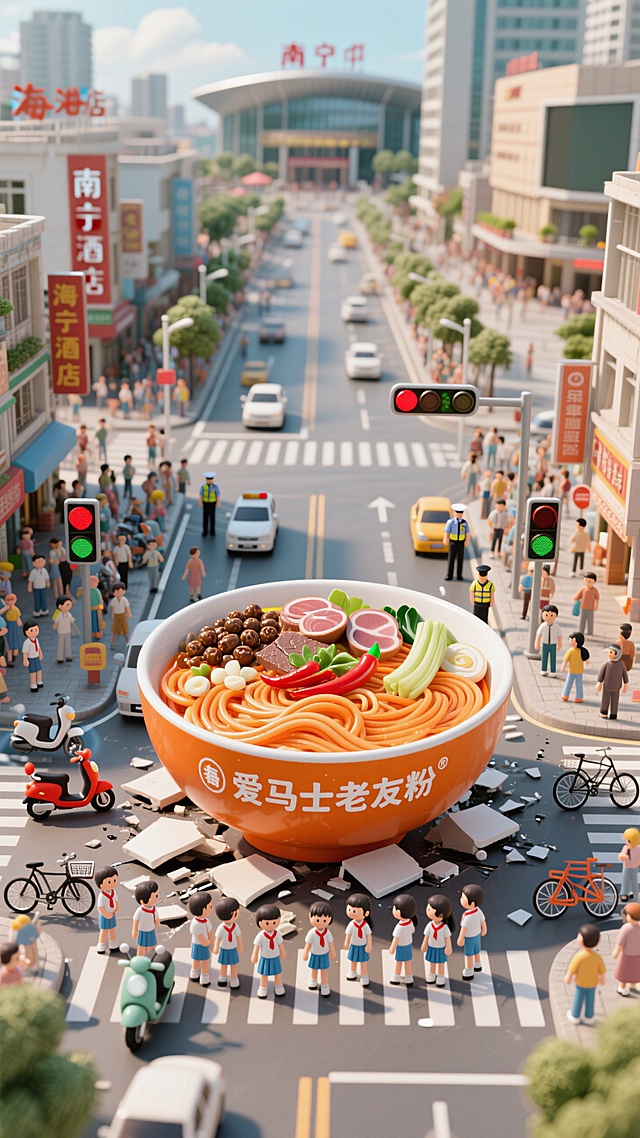 繁忙的城市主干道中突然掉落一个巨大的橙色海口碗，碗上有字样，字样写着 “爱马士老友粉”，通过向下45度的视角可以看到海口碗里有豆豉、猪肝、粉肠、酸笋、蒜米、红辣椒及一条条被汤染成橙色的粉条；主干道两边有被挤在一起的电动车、自行车和受惊吓的行人等元素，远处依稀可见红绿灯、交通警察、商业广场、会展中心和各式酒店及商业元素，主干道因为被掉下来的海口碗砸出了一道道裂缝，数个身着南宁市学生校服的小学生排队在路边过马路。