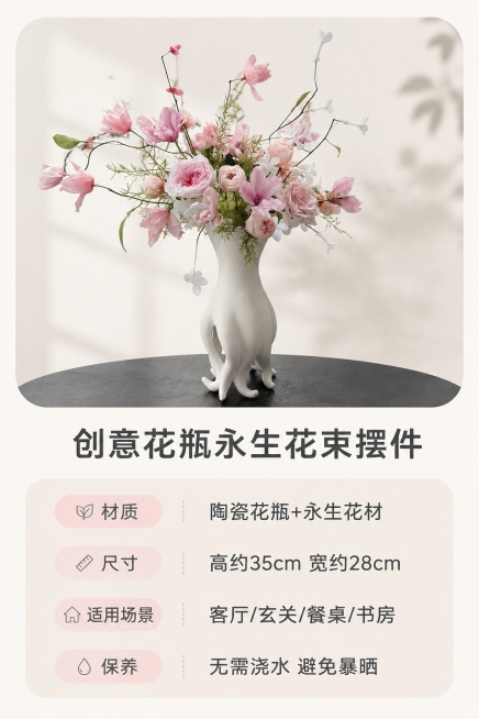 [第8屏] 规格参数与选购信息卡，创意花瓶永生花束家居摆件。本屏使用【图1】作为商品主体。
[氛围/风格] 简约信息卡风格，清晰直观，圆角软排版。
[元素布局] 产品小图放在画面上方，占比约40%，保预览效果