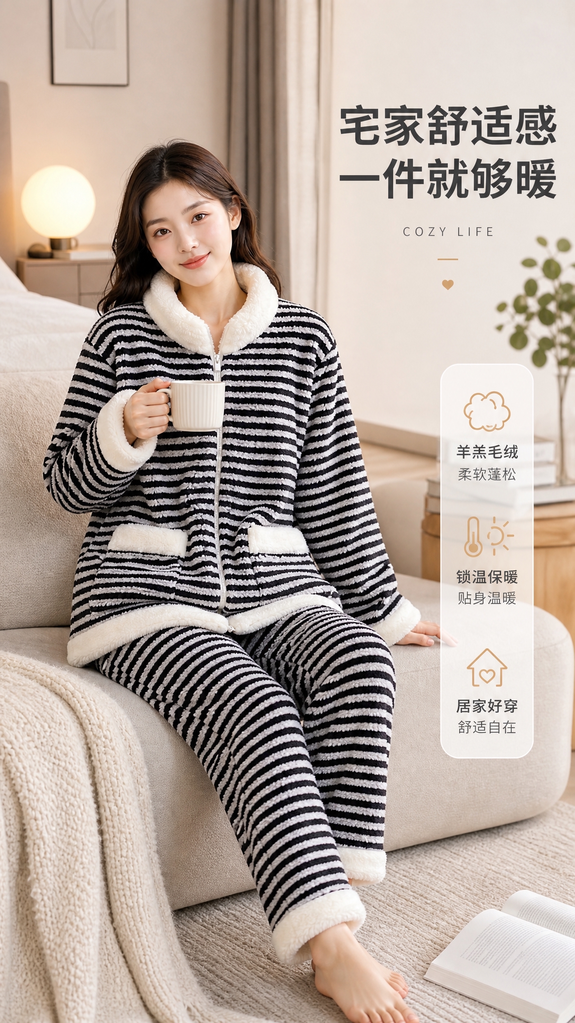 [商品] 使用【图1】黑白条纹羊羔毛睡衣套装；商品处理：保留黑… - 图片创意预览