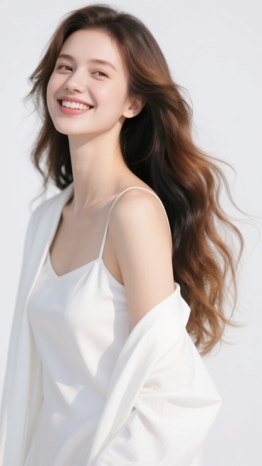 高清晰人像摄影，白色纯净背景，一位欧洲年轻女性，侧脸微微上扬，笑容明媚，眼神明亮有神，棕色与黑色渐变的长卷发随风飘逸，发丝纹理清晰，穿着白色吊带裙外搭宽松白色外套，左肩自然露出，肌肤白皙细腻有光泽，柔预览效果