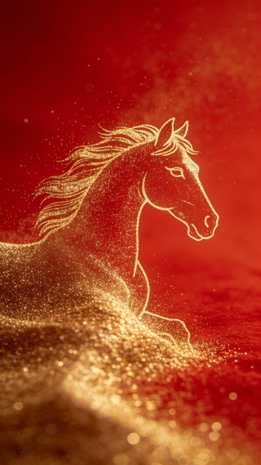 ，红色背景中流畅曲线展示一个生肖马的单边轮廓（金色流沙组成），极简主义，弥散，动态模糊，大师级排版预览效果