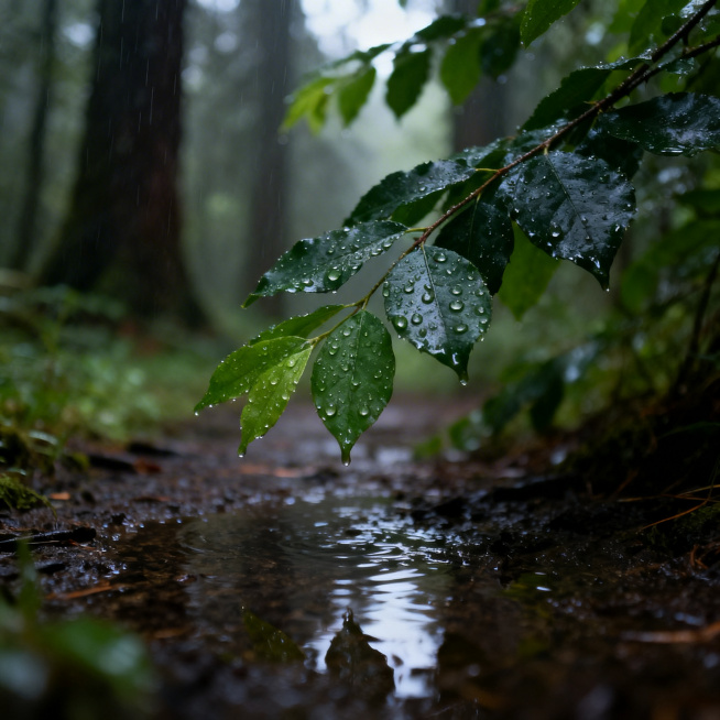 写实风景摄影，雨后森林，树叶挂着水珠，地面湿润，光线柔和，绿意鲜活，空气通透，细节清晰，质感真实预览效果