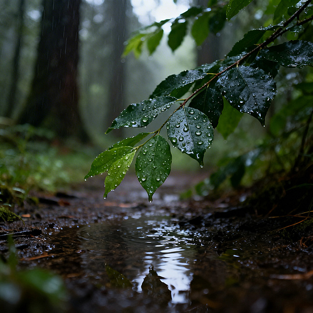 写实风景摄影，雨后森林，树叶挂着水珠，地面湿润，光线柔和，绿意鲜活，空气通透，细节清晰，质感真实