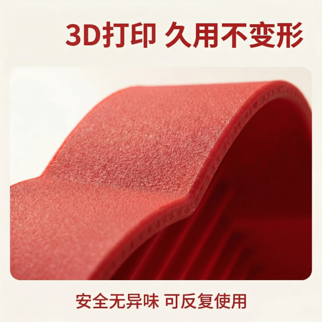 仅修改顶部文字，将“高柔韧硅胶”改为“3D打印”，其余内容和构图保持原样，红色材质、红色文字风格保持不变预览效果