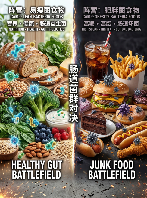 两种食物阵营的对抗——“易瘦菌”食物 vs “肥胖菌”食物，食物风格海报，画面中间有一条分界线。左边是健康食物战场，堆满全麦面包、豆子、西蓝花、绿叶蔬菜，这些食物上覆盖着闪闪发光、看起来很友好的益生菌预览效果