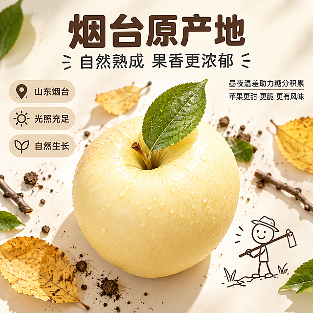 [主图-3] 烟台原产地卖点图，俯拍展示产地自然生长氛围与新鲜带叶苹果。
[统一基调] 京东风格，品质稳重，文字占比<30%，一图一重点；浅奶白背景，柔和自然光，写实水果摄影结合黑色极简火柴人手绘涂鸦趣味点缀；主标题粗黑体深棕褐色，副标题与说明细黑体深灰色，信息卡用圆角浅米色底深棕字，字体统一无衬线。
[画面] 俯拍画面中央是一颗带新鲜绿叶的奶油黄苹果，表皮为浅金黄和奶油黄，带自然果霜，无红色红晕；周围散落少量金黄落叶、细枝和泥土颗粒，营造产地果园氛围；黑色极简火柴人手绘小人扛小锄头站在旁边，形成治愈系手绘互动。
[光影质感] 柔和顶侧自然光，苹果表面有自然高光，落叶与泥土有真实纹理，整体清新自然。
[配色] 浅奶白背景，奶油黄苹果，绿色叶片，金黄落叶，深棕文字。
[文字版式] 顶部主标题“烟台原产地”，副标题“自然熟成 果香更浓郁”；左侧三个竖排圆角信息卡“山东烟台”“光照充足”“自然生长”；右侧说明文字“昼夜温差助力糖分积累 苹果更甜 更脆 更有风味”；分区清楚，文字不遮挡主体苹果。
[输出要求] 1:1方形，文字清晰，产品清晰；负向：禁止红色红晕、禁止错字、禁止模糊、禁止水印、禁止京东Logo。