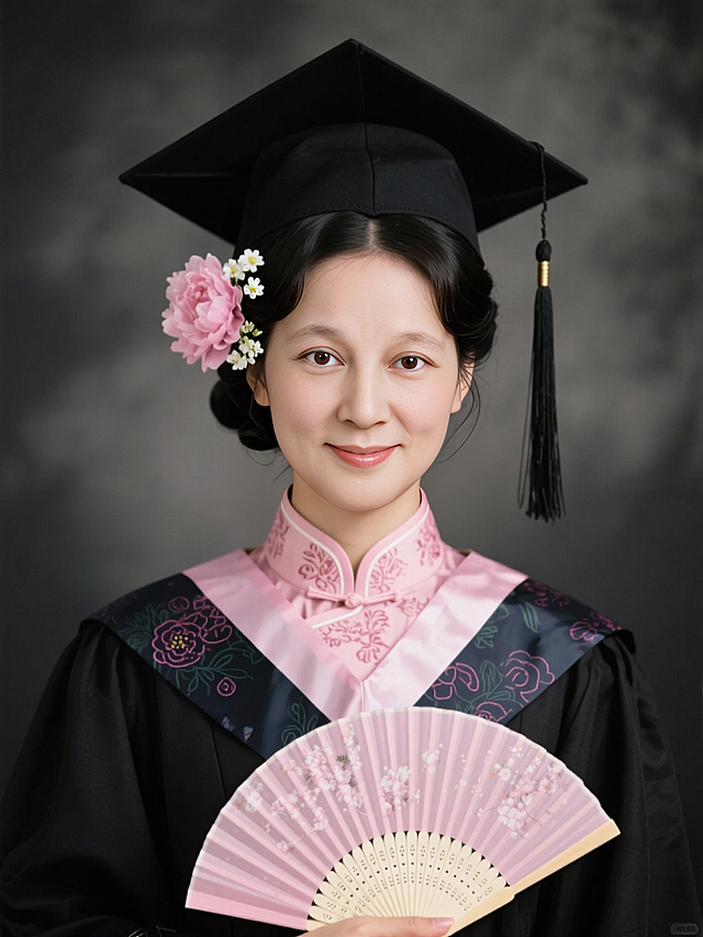 女生证件照，民国发型，穿黑色学士袍戴黑色学士帽，头发上戴粉色芍药花和白色小花，手执折扇，学士帽流苏，领口有粉色复古花纹，内衬是粉色旗袍，黑灰色朦胧背景，看镜头。