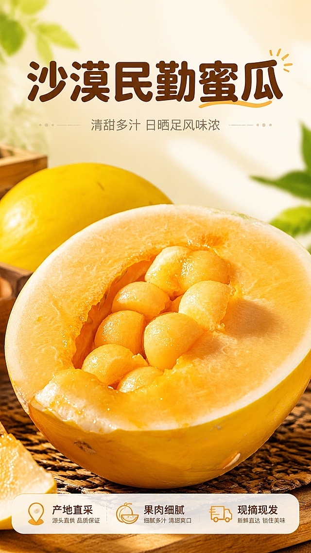 [第1屏] 详情页头图-民勤蜜瓜生鲜产品宣传海报。本屏使用【图1】作为商品主体。
[氛围/风格] 高级清新食欲风，暖黄色调，商业生鲜摄影质感，突出蜜瓜果肉水润光泽。
[元素布局] 蜜瓜果肉主体位于画面中下区域，占比约70%；上方预留主标题区域，周围搭配简约木质台面元素，产品形状、果肉颜色、结构与输入图片一致。保留蜜瓜挖球状果肉的诱人细节，增强食欲感。
[光影质感] 柔和顶光打亮果肉，突出水润反光，底部自然投影，整体明暗层次清晰，蜜瓜纹理通透清晰。
[配色色系] 全局底色 #FFF8E8；主色暖橙蜜瓜色；辅助色浅木色、深棕色文字。
[视角构图] 正面微仰视，产品为绝对视觉中心，阅读动线从上至下：顶部标题 → 主体蜜瓜 → 底部信息。
[文字版式] 版式为顶部标题 + 中部主体产品 + 底部卖点条。主标题「沙漠民勤蜜瓜」，副标题「清甜多汁 日晒足风味浓」；主标题加粗圆角黑体，副标题浅灰色小字；底部三个卖点信息条：「产地直采」「果肉细腻」「现摘现发」，文字清晰不遮挡主体产品。
[比例分辨率] 9:16 竖版比例，4K 分辨率，文字清晰可辨，高清画质。
[负向提示词] 产品变形，颜色偏差，缺件错件，水印，文字错乱，产品图模糊，文字过小。