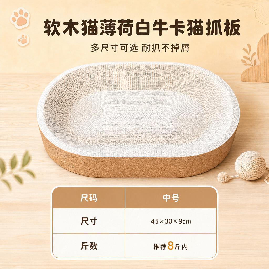 参考图中的软木猫薄荷白牛卡猫抓板产品图，保持产品外观、暖黄色背… - 图片创意预览