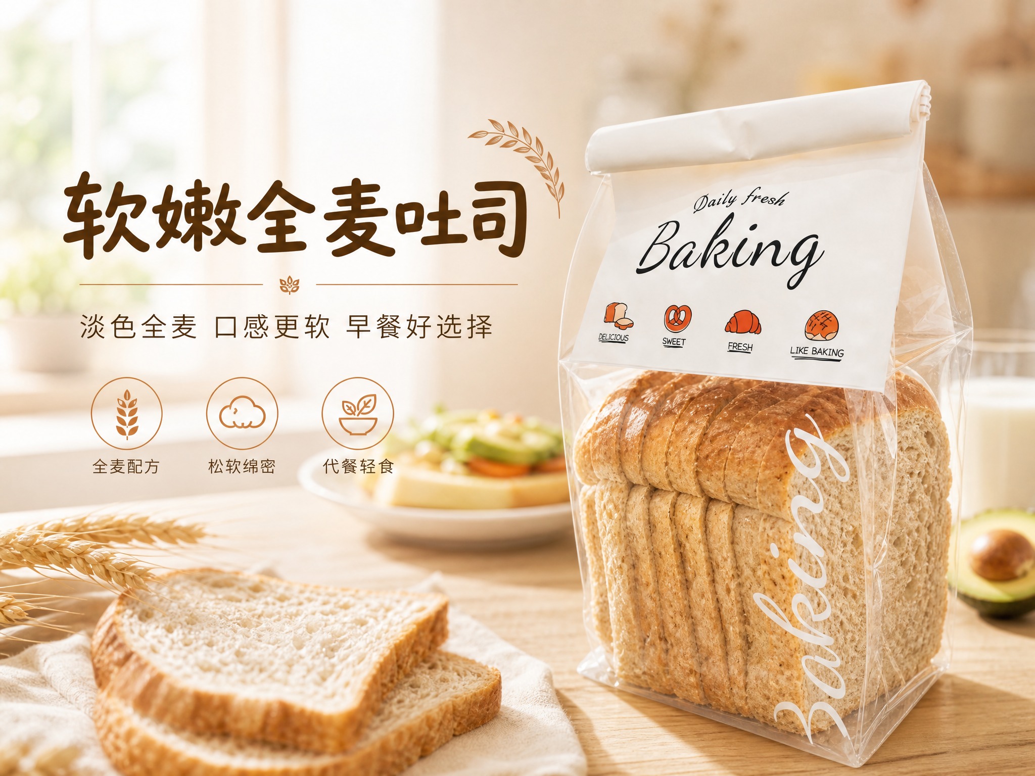 [单张主图] 全麦吐司袋装切片面包，高级氛围感路线，主图目标：… - 图片创意预览