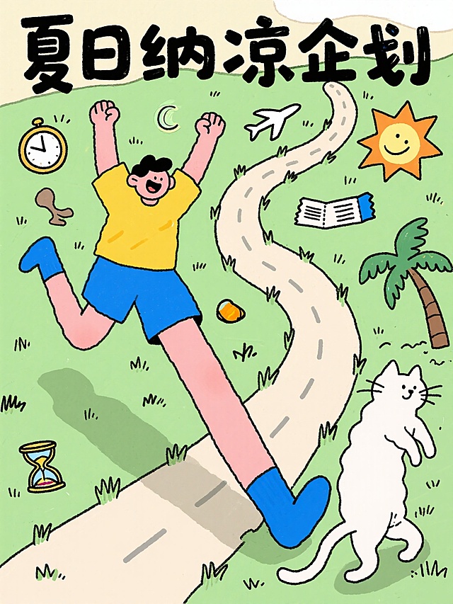 夏日纳凉企划，清新卡通插画风，人物与猫咪活力奔跑，展现轻松愉悦的假期氛围。