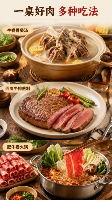 [第6屏] 家常食用场景展示，展示不同产品的烹饪吃法。
[氛围/风格] 温馨家常风，真实餐桌场景，温暖治愈，贴近生活。
[元素布局] 画面展示三种吃法：上方为牛脊骨煲汤锅，中间是西冷牛排煎制装盘，下方预览效果