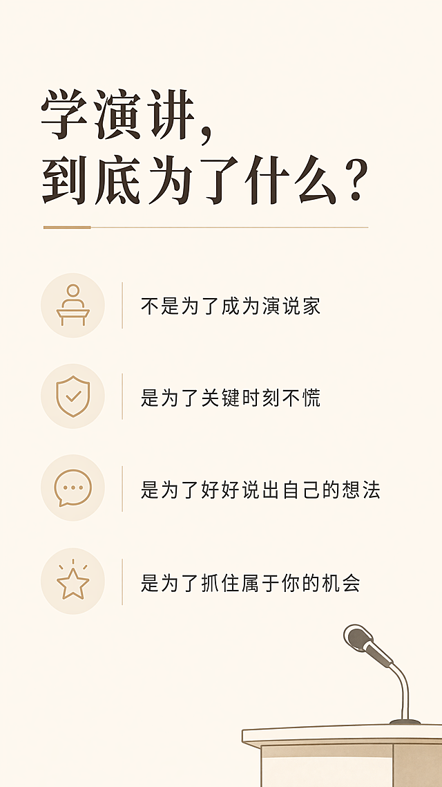 设计图文内页，底色为浅米白，主标题“学演讲，到底为了什么？”，正文小字内容：“不是为了成为演说家 是为了关键时刻不慌 是为了好好说出自己的想法 是为了抓住属于你的机会”，排版干净易读，风格简约