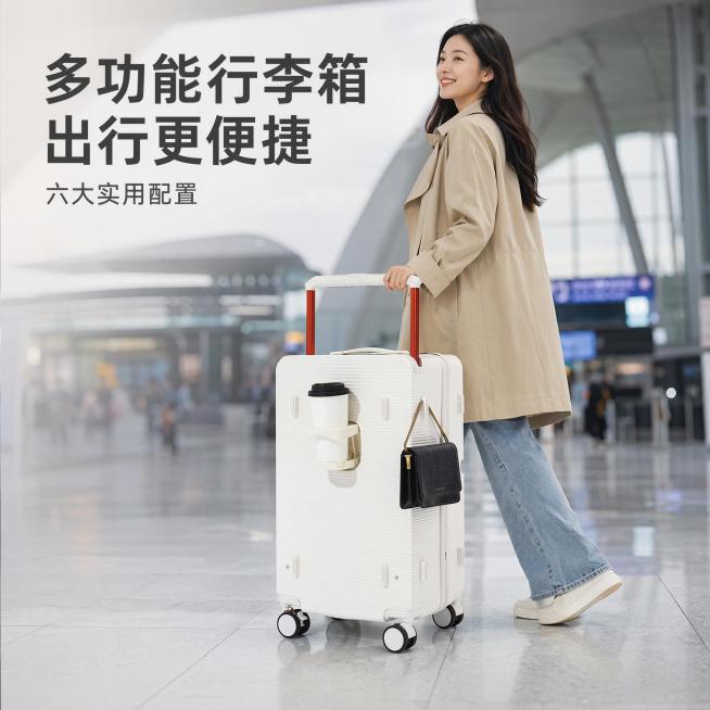 [主图-1] 年轻女性模特侧身拖行白色多功能行李箱首图，场景化抖音高点击风格。[氛围风格] 机场出发大厅场景，年轻时尚出行氛围感。[画质] 商业高清实拍质感，产品清晰真实，画面干净高级。[元素] 年轻预览效果