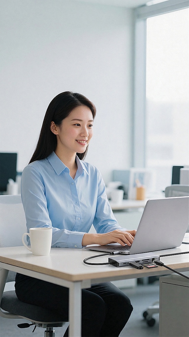 图片混合 产品放在笔记本旁边 补充接口插上笔记本 协调画面