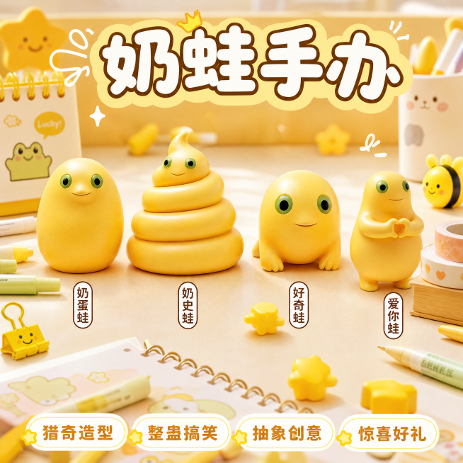 [主图-1] 奶龙系列奶蛙奶蛋猎奇整蛊手办首图
[氛围风格] 网红潮玩风 活泼明快治愈感
[画质] 商业摄影质感、光线柔和通透、奶蛙手办产品清晰真实、画面干净高级
[元素] 保持奶蛙奶蛋系列手办外观（预览效果