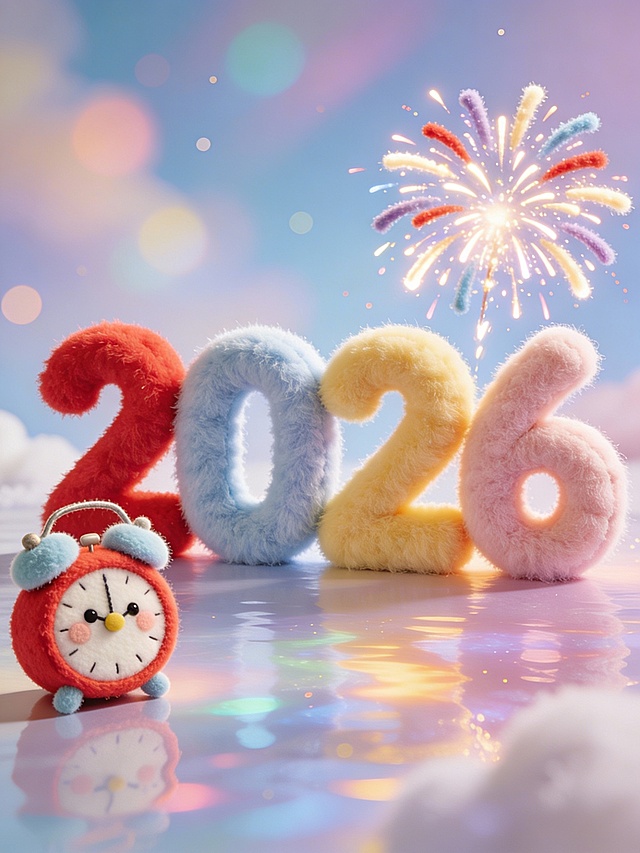 毛茸茸的3D数字“2026”，旁边有毛绒卡通闹钟和毛绒烟花，整体呈现软萌质感，融合梦幻光影，营造喜庆可爱的跨年氛围，迎接2026光辉岁月，配色清新治愈