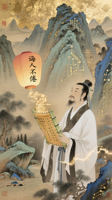 背景为水墨晕染的山水画卷，山脉若隐若现形成电路板纹路，象征传统与科技的融合。中央一位古风教师手持竹简，但竹简上流动着发光的数据流（如诗词与代码交织）。空中漂浮孔明灯，灯面显示“诲人不倦”等字样。预览效果