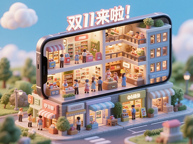 软3D风格微缩艺术场景，手机化商场满载可爱卡通人物，梦幻温馨氛围中传递双11促销趣味感。