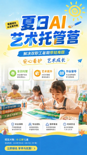 基于原图，移除左上角的logo和“未来星教育 用心陪伴 智启未来”文字，保留原海报所有其他内容、文字、构图和风格不变，使用与原图一致的浅蓝色顶部背景填充移除区域，整体风格和色彩保持统一，生成干净完整的预览效果