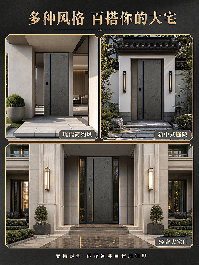 [商品] 使用【图2】臻尚铂门兰竹雅韵全铝别墅大门；保留深灰色全铝门板、浅雕幽兰青竹纹样、长条金色拉手、颜色材质和整体比例；大门外观保持一致，融入不同场景。
[画面] 页面目标：多场景效果展示 适配不同别墅风格；构图：三宫格场景拼图，上下错落布局；主体位置：三个场景格中各有一扇大门；角度：每个场景角度不同（正面、微侧、入户视角）；景别：每个场景中景；阅读动线：从上到下，从左到右；前中后景：左上现代简约别墅入户、右上新中式庭院入户、下方轻奢大宅入户，三个场景各有特色；场景：三种不同风格的别墅入户场景，展示百搭效果。
[视觉] 套系策略：风格=新中式东方雅致高级商业摄影；标题字=大气宋体衬线粗体；正文字=简洁无衬线体；主色=深灰雅金；背景延展=基于深灰雅金做深浅层级、同色渐变；强调色=雅金色，仅用于小面积图标、引线、标签和分隔线；标题色=哑光金色；正文色=米白色；组件=细金边场景框、金色标签、场景名称条；光影=每个场景自然光真实，大门融入自然，整体色调统一。
[文字] 顶部大标题"多种风格 百搭你的大宅"。三宫格每格右下角分别标注场景名称："现代简约风""新中式庭院""轻奢大宅门"。底部小字"支持定制 适配各类自建房别墅"。文字均横排，不遮挡大门主体。
[规格] 图片比例3:4竖版，2K，避免变形、错字、文字过小、产品颜色改变、各场景大门外观不一致、悬浮、水印、平台logo。