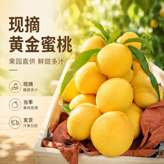 [单张主图] 新鲜黄桃电商主图，高级氛围感路线，目标是突出黄桃的新鲜品质与食欲感，吸引用户下单。
[画面主体] 保持黄桃的外观、颜色、结构、质感与输入图片一致，堆放在框中的带叶绿皮黄桃为主体，占画面5预览效果
