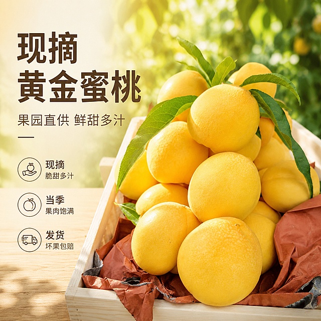[单张主图] 新鲜黄桃电商主图，高级氛围感路线，目标是突出黄桃的新鲜品质与食欲感，吸引用户下单。
[画面主体] 保持黄桃的外观、颜色、结构、质感与输入图片一致，堆放在框中的带叶绿皮黄桃为主体，占画面50%，居中略偏下放置，保留黄桃圆润金黄饱满的形态和绿叶新鲜细节，杜绝任何变形和色差，精细化处理。
[构图版式] 采用左文右物场景型版式，左侧留白放文字，右侧放大展示产品，底部用木质台面承托，自然简洁。
[场景元素] 背景虚化处理为夏日果园绿色树荫场景，带自然斑驳光影，左侧自然留白放置文案，底部浅木色台面承托果框，整体氛围清新自然，突出鲜果的产地新鲜度，没有多余杂物抢主体。
[文案版式] 左上留白区域左对齐分行排版，主标题“现摘黄金蜜桃”，大字体；副标题“果园直供 鲜甜多汁”，小一半字号；底部三个轻图标卖点依次排列：现摘 脆甜多汁，当季 果肉饱满，发货 坏果包赔；文字不遮挡主体，都在左侧留白安全区内。
[光影质感] 自然暖阳逆光从后方照射，穿过黄桃和叶片，突出果肉金黄通透感，轮廓自带柔光，前景柔和补光，背景虚化浅景深，整体光影通透自然，有食欲感，商业生鲜摄影高清质感，纹理清晰。
[配色字体] 主色调为自然果黄色和清新绿色，辅助浅木色，文字使用深棕色，在浅色留白上清晰对比；字体主标题使用细粗无衬线，卖点小字使用轻无衬线，字重克制，层级清晰。
[比例分辨率] 1:1比例，2K分辨率，文字清晰可辨，超高清商业摄影质感。
[负向提示词] 变形，文字错乱，产品图模糊，背景杂乱，水印，电商平台Logo，绝对化违禁词，过度美颜，遮挡主体