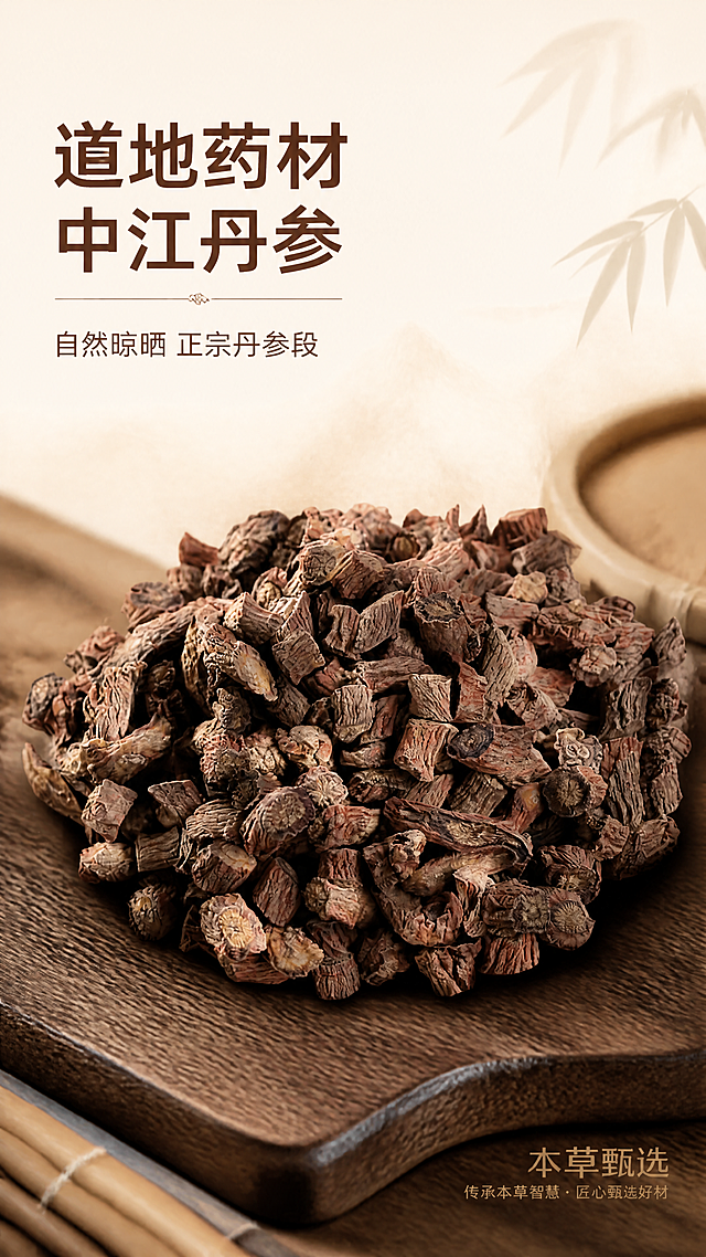 [第1屏] 中江丹参段产品宣传头图海报，保持输入图中丹参段的形状、颜色、纹理和结构不变
[氛围/风格] 传统中式国风，自然原生态，突出地道中药材的质朴质感，沉稳大气，商业摄影质感
[元素布局] 丹参段产品主体放在画面中下区域，占整体画面65%左右，保持和原图一致的外观特征，自然纹理清晰。背景采用浅米色渐变宣纸底纹，左上角留出大标题区域，底部搭配深棕色木质底板和少量竹编装饰元素，整体层次感强，不遮挡产品主体
[光影质感] 上方柔和主光照亮丹参段，保留自然纹理明暗层次，产品下方有自然浅投影，整体画面干净通透，药材质感真实
[配色色系] 全局底色：#F8F2E4（浅米宣纸色）；主体配色：保留丹参原有的红棕褐自然色泽；辅助色：#593C24（深棕色文字）+ #8B6E4C（木色底板）
[视角构图] 45度斜侧视角，景深适中，产品主体清晰突出，上部分标题区域留白充足，符合竖版手机阅读动线
[文字版式] 左上角为大标题区域，主标题是"道地药材 中江丹参"，副标题是"自然晾晒 正宗丹参段"，全部文字使用阿里巴巴普惠体，主标题字号大，字体加粗清晰，占顶部区域高度约20%，副标题在主标题下方，字号适中，保持行距和留白。底部右侧放置品牌信息小字，不遮挡主体
[比例分辨率] 9:16竖版，4K分辨率，文字清晰可辨认
[负向提示词] 产品变形，颜色偏差，文字错乱，水印，背景杂乱，结构错误，丹参纹理模糊