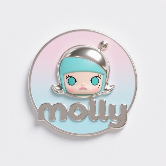 一个泡泡玛特玩偶molly大的徽章，文字“molly”，柔和渐变颜色背景预览效果