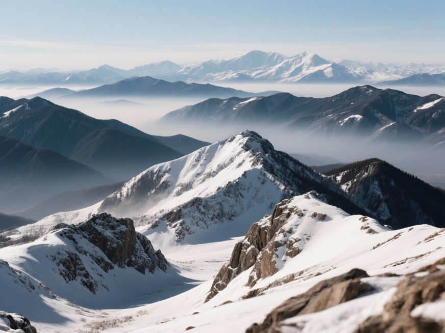 北京的雪山，由近及远呈现递进层次，前后有起伏的山峦，近处山体清晰可见岩石纹理和覆盖的白雪，中景山峦轮廓分明，远景雪山在云雾中若隐若现，天空呈现淡蓝色，整体画面具有纵深感和空间感，写实风格预览效果