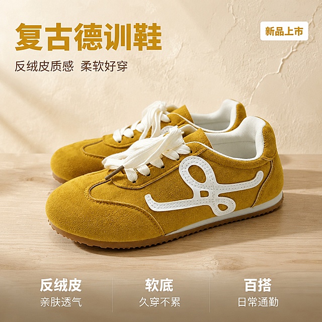 [主图-1] 姜黄色复古德训鞋成双摆拍首图
[氛围风格] 复古休闲暖调质感，干净高级商业摄影风
[画质] 商业摄影质感、光线柔和通透、产品清晰真实、画面干净高级
[元素] 姜黄色反绒皮德训鞋一双，左右脚呈45°错落摆放，左脚在前右脚在后略靠后，鞋面白色鞋带自然系结，鞋侧白色剪刀形装饰标清晰完整，鞋口白色包边，生胶色橡胶鞋底。保持鞋子外观（即物理结构、材质质感、颜色）与输入产品图一致，杜绝任何变形和色差，精细化处理。商品主体占比约70%，画面满屏无边框。背景为浅米色肌理墙面+浅原木色地面，简洁干净不抢主体，地面有柔和投影。
[光影] 左前侧45°主光柔和打亮鞋面反绒皮质感，右侧辅光补暗部，鞋底下方有自然柔和接触阴影，整体光比舒适、高光不溢、暗部有层次，反绒皮肌理清晰可见
[配色] 主色姜黄色（鞋面反绒皮）；辅色米白（鞋带、鞋口）、生胶棕（鞋底）、浅米色（背景）
[视角构图] 45°侧视平视角度，鞋子为视觉中心，景深中等，轮廓完整不裁切
[文字版式] 左上负空间左对齐留安全边距，两行主辅文案。大字主文案"复古德训鞋"，姜黄色最大号粗体无衬线；辅助短句"反绒皮质感 柔软好穿"，约半高、深棕色细体。右上"新品上市"米白底姜黄字小标签留内边距。底部通栏极轻微半透明渐变蒙层均分三列，列内上短句下说明左对齐：列一「反绒皮」「亲肤透气」列二「软底」「久穿不累」列三「百搭」「日常通勤」；上层短句同字号粗体、下层说明同字号细体，白字与浅底强反差，现代无衬线
[输出要求] 1:1比例，文字清晰锐利，画面超高清商业摄影质感
[负向提示词] 变形，文字错乱，产品图模糊，背景杂乱，水印，电商平台Logo，多余的手，多余的手指，畸形手，融合手指，手部扭曲，肢体穿模，人物面部扭曲，关节反折